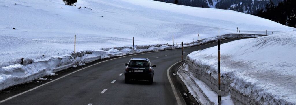 A car driving to a ski resort from the UK