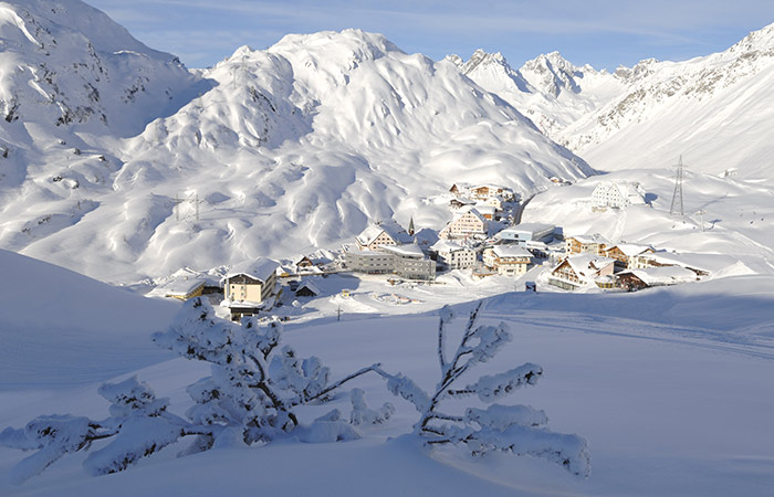 St. Anton in Austria on a sunny snowy day in winter