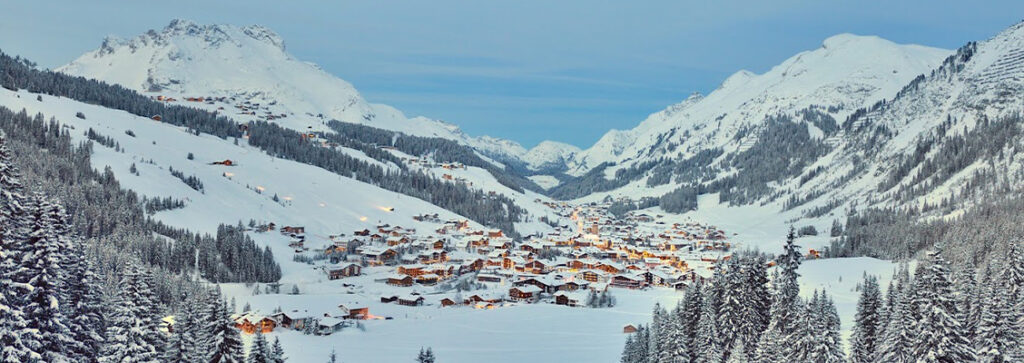 A luxury ski area in a snowy mountain valley in Austria