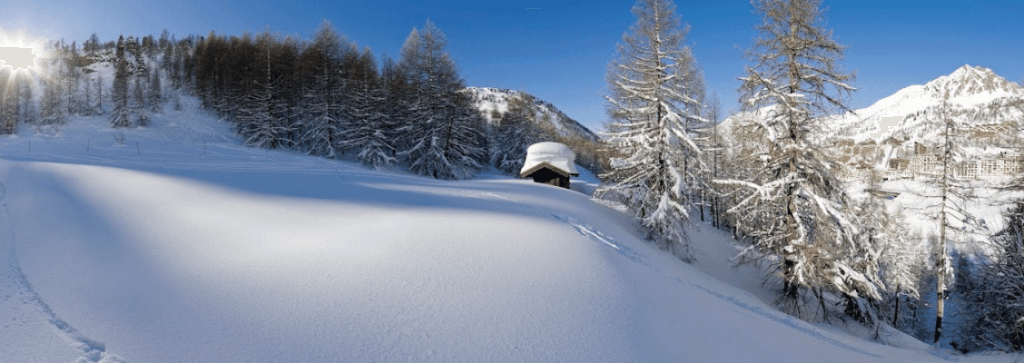 Fresh powder snow on the mountain at a small ski resort in France