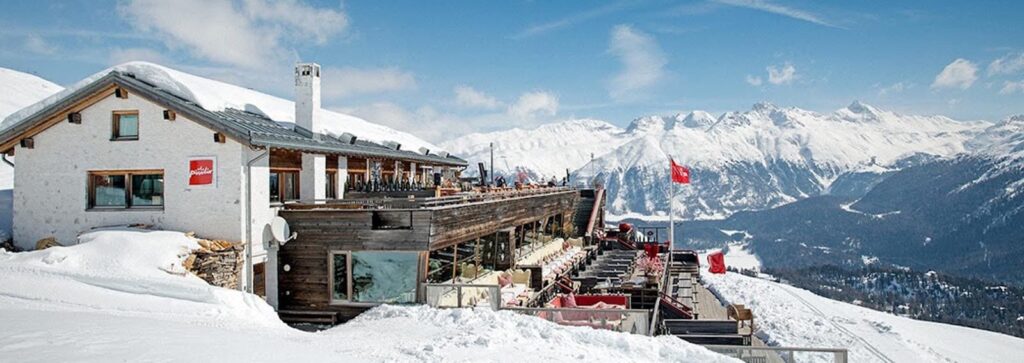 The balcony of El Paradiso restaurant in the mountains of St Moritz ski resort