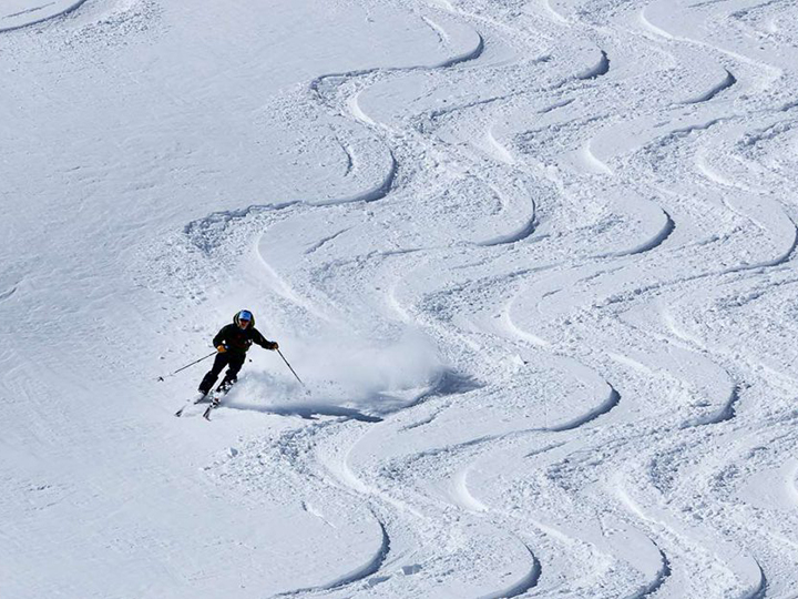 Skiing through powder snow at Sauze d'Oulx