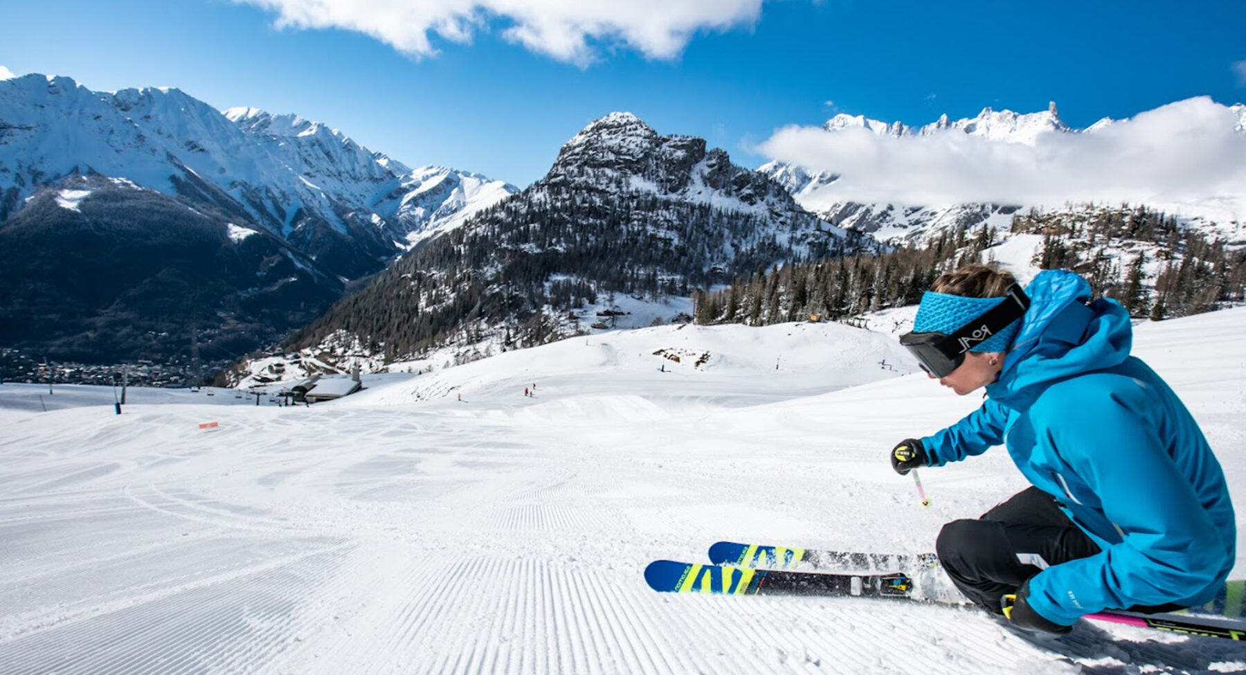 Skier on piste in Courmayeur, Italy